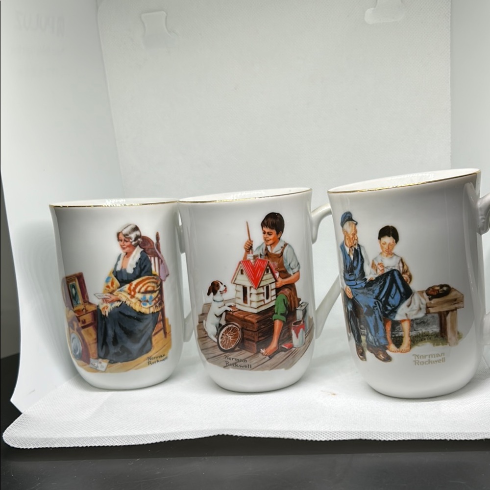 Vintage Norman Rockwell Ceramic Mugs with Colorful Illustrations